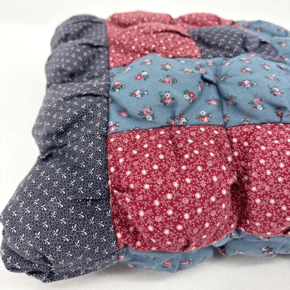 Handmade Puff Quilt Throw Pillow Floral Calico Patchwork Biscuit Style Square